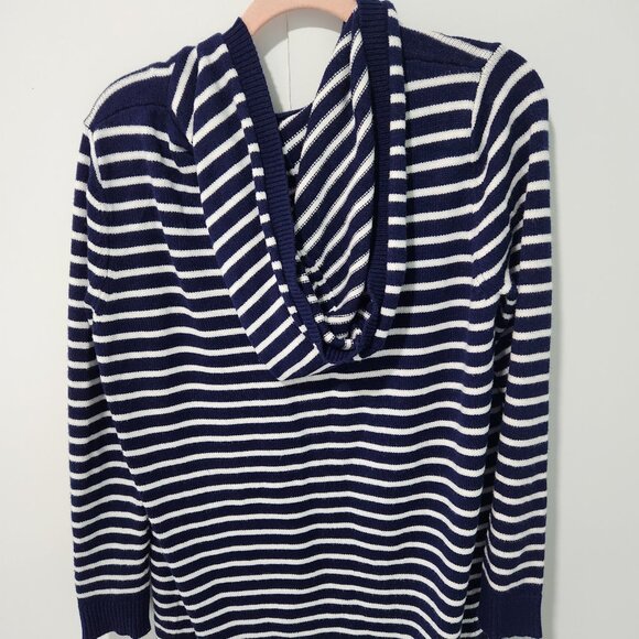 Honey Belle Women's Navy Blue/White Ribbed Hooded Long Knit Cardigan-Medium - Picture 3 of 3